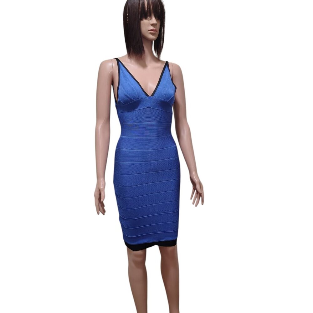 Rachael G. Stretch V-Neck Strappy Dress in Blue and Black